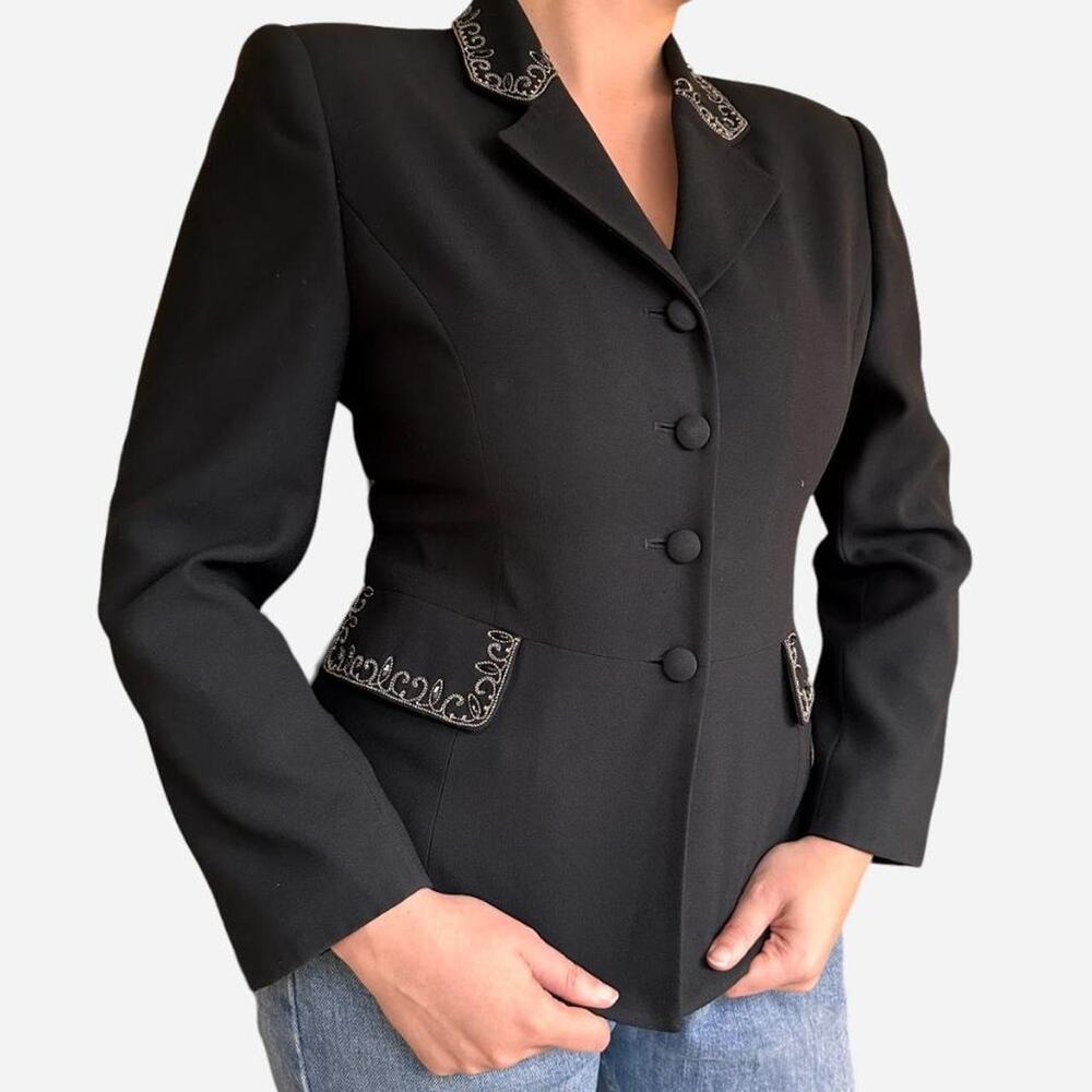 Kasper ASL Petite structured tailored black blazer with embroidered gem details